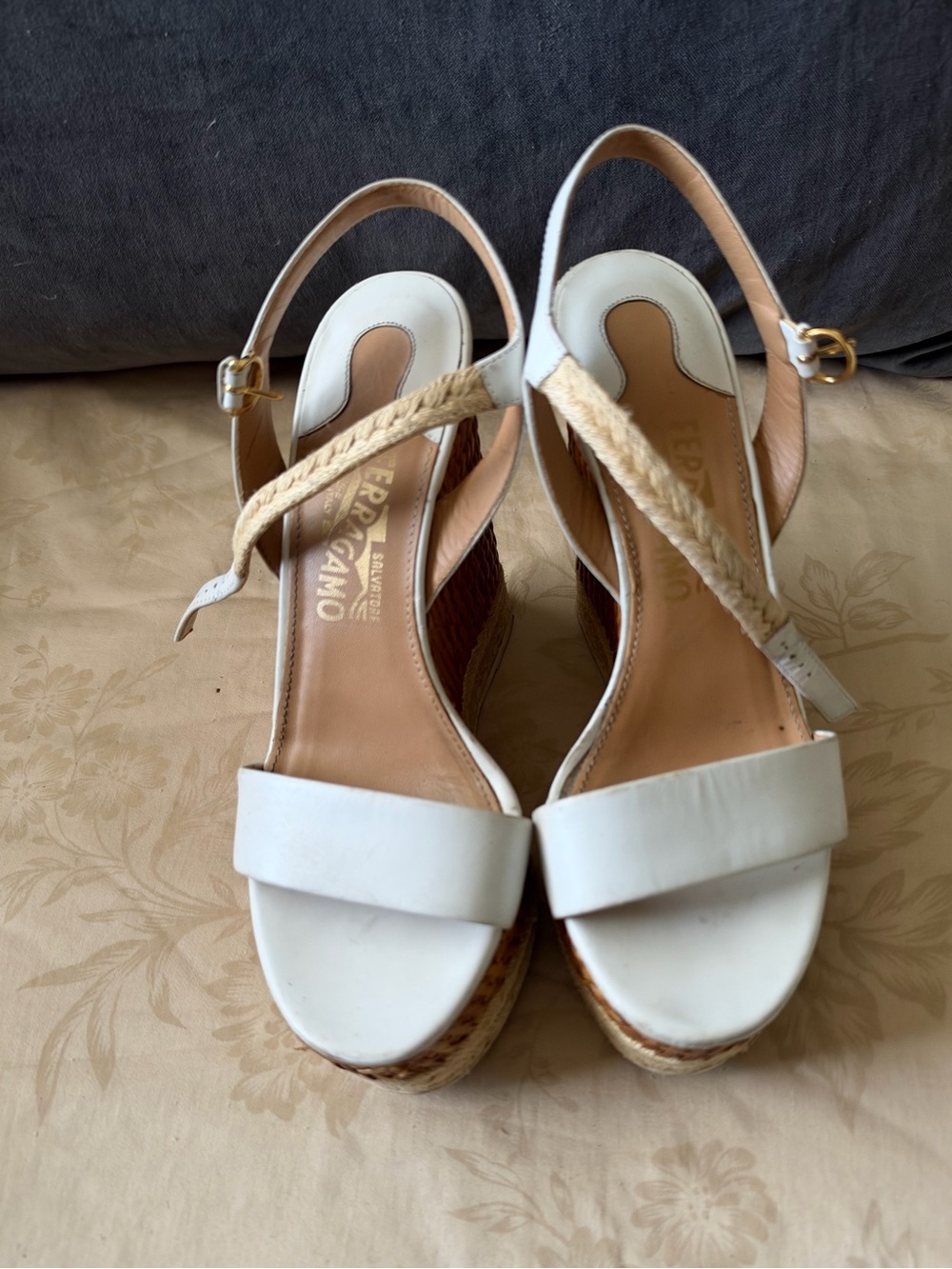 Salvatore Ferragamo White Leather Braided Slingback Wedge Sandals